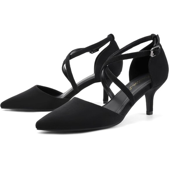 Women's Black Suede Polyurethane Pointed Toe Cross Strap Low Kitten Heel Pumps - Picture 6 of 6